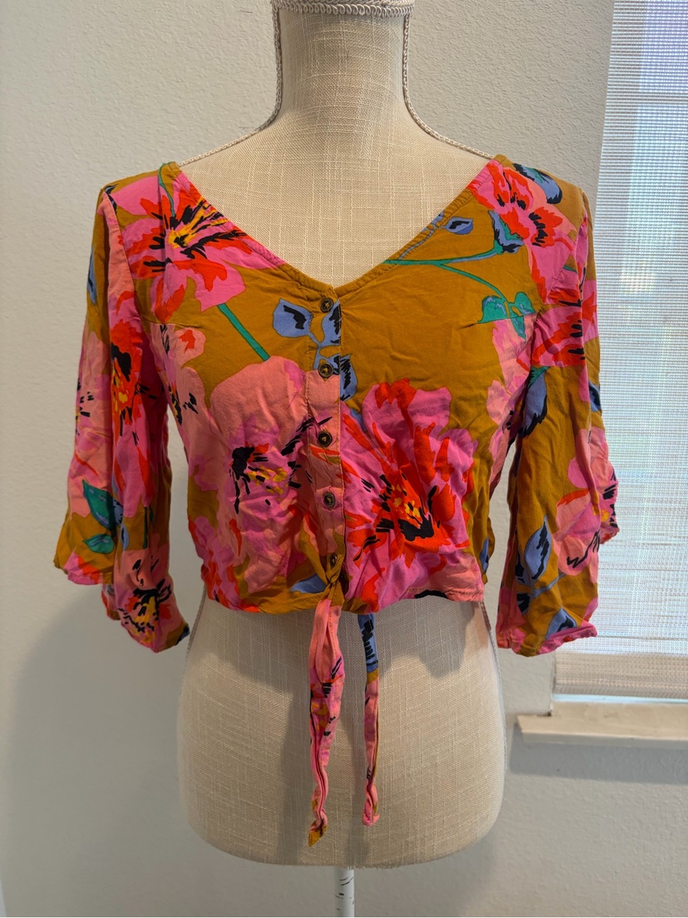 Billabong Women's Floral Tie-Front Top - Pink on Mustard